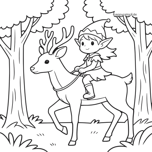 Ein Waldelf mit spitzer Mütze reitet auf einem Hirsch mit Geweih zwischen hohen Bäumen in einer einfachen Waldszene.