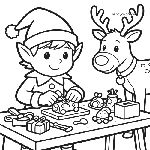 Ein Weihnachtself baut an einer Werkbank ein Spielzeugauto, während ein Rentier daneben zwischen Geschenken und Werkzeugen steht.