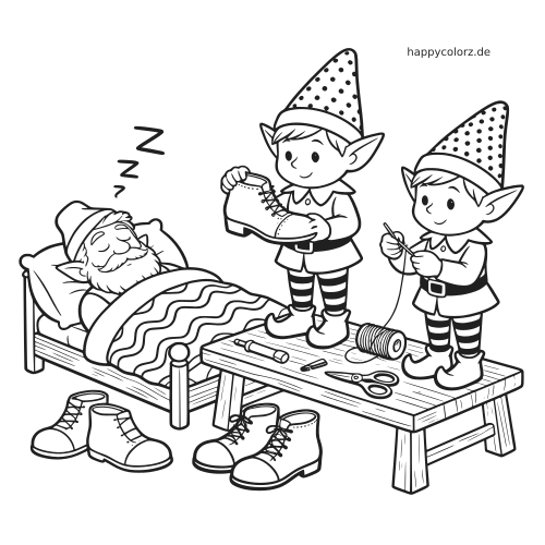 Zwei Wichtel arbeiten an Schuhen neben einem schlafenden Schuster im Bett, mit Werkzeug, Garn und fertigen Stiefeln.