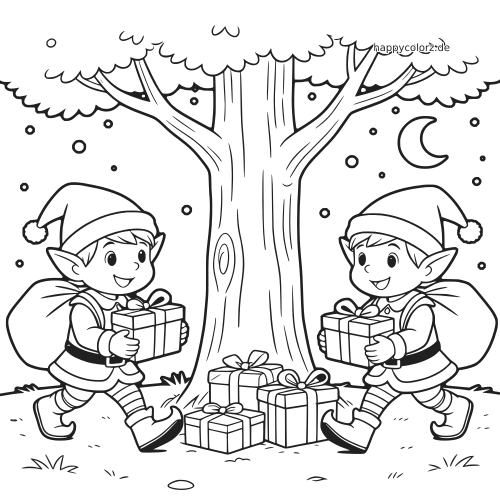 Zwei lächelnde Elfen tragen nachts Geschenkpakete zu einem großen Baum, unter dem schon mehrere Geschenke liegen. Mond und Sterne sind zu sehen.