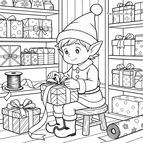 Ein Weihnachtself sitzt auf einem Hocker in Santas Werkstatt und verpackt ein Geschenk, umgeben von Regalen voller Päckchen und Schleifenband.