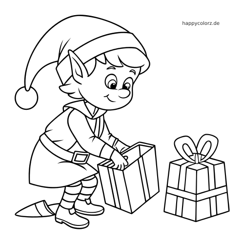 Ein einfacher Weihnachtself kniet neben zwei Geschenken und verpackt ein Geschenk mit klaren Konturen und schlichtem Hintergrund.