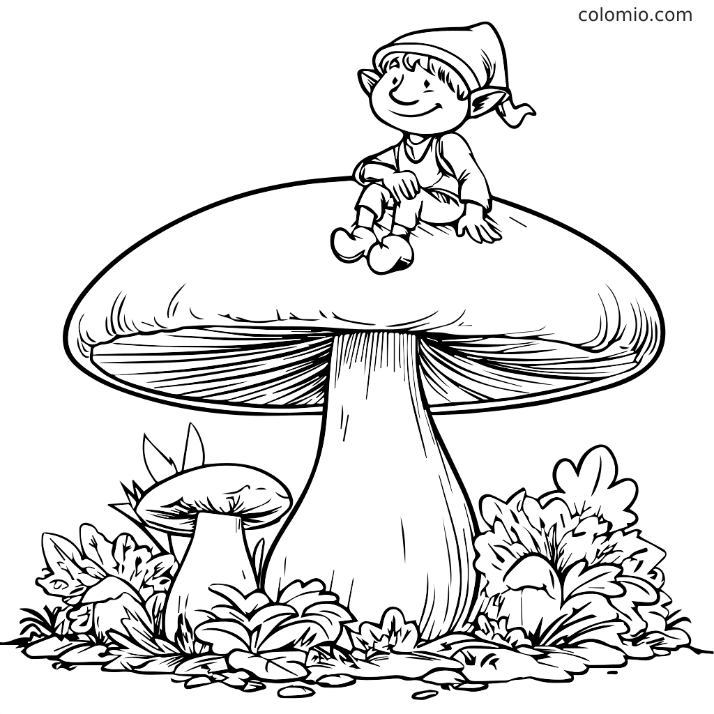 Ein fröhlicher Elf sitzt auf einem großen Pilz, umgeben von Pflanzen und kleineren Pilzen, bereit zum Ausmalen.