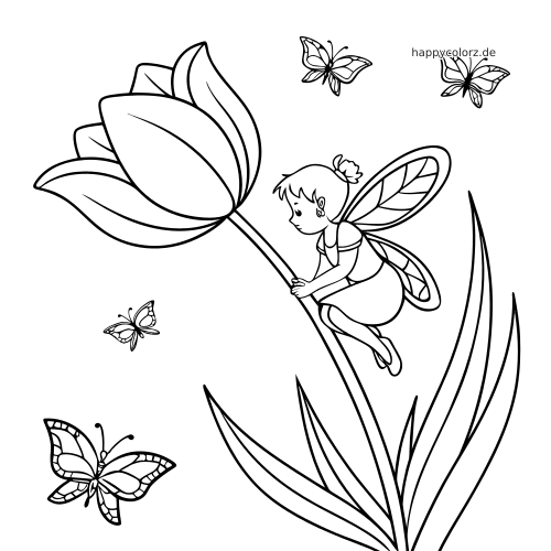 Eine Blumenfee mit Flügeln sitzt auf dem Stiel einer großen Tulpe, umgeben von mehreren Schmetterlingen.