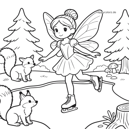 Eine Eisfee mit großen Flügeln läuft auf einem zugefrorenen Teich Schlittschuh, während zwei Eichhörnchen im winterlichen Wald zusehen.