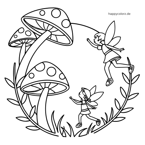 Zwei Feen tanzen im Kreis um drei große Fliegenpilze mit Punkten, umgeben von Blättern und Gras in einfacher Linienzeichnung.