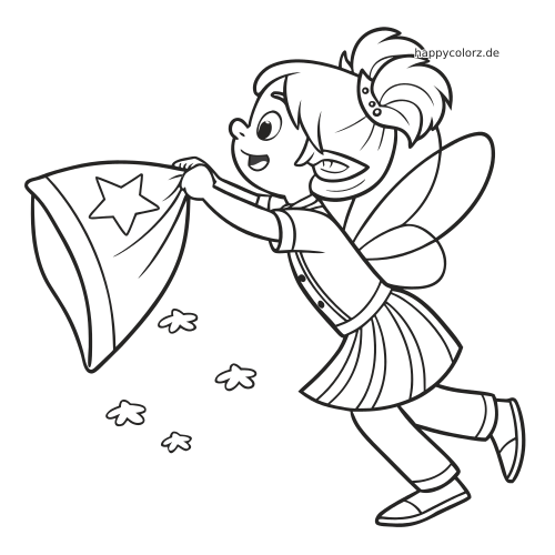 Eine fliegende Zahnfee im Comicstil hält ein Kissen mit Stern in den Händen, umgeben von kleinen Sternen.