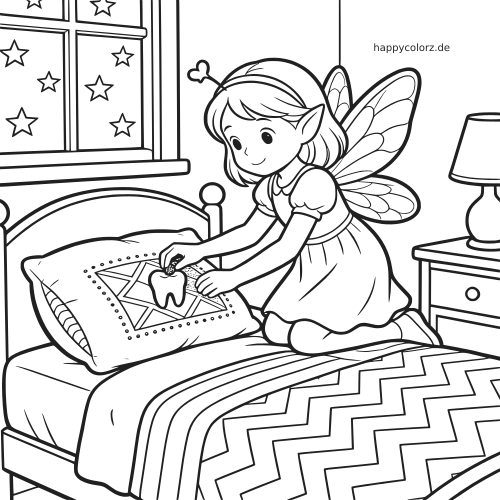 Eine Zahnfee kniet auf einem Bett und nimmt in einem gemütlichen Schlafzimmer einen Zahn von einem Kissen.