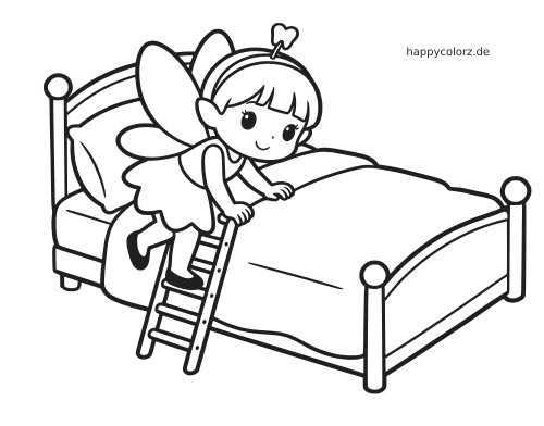 Eine Zahnfee mit Flügeln klettert über eine kleine Leiter auf ein Bett in einer einfachen schwarz-weißen Umrisszeichnung.
