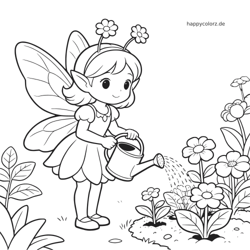 Eine Blumenfee mit großen Flügeln und Blumenfühlern gießt mit einer Gießkanne blühende Pflanzen im Garten.