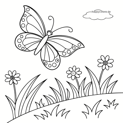 Ein großer Schmetterling mit gemusterten Flügeln fliegt über einer Wiese mit einfachen Blumen, Gras und einer kleinen Wolke.