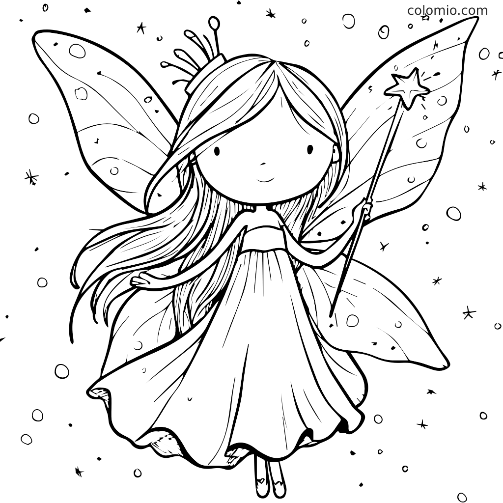Eine süße Fee mit Flügeln und einem Sternenstab, umgeben von Sternen und Blasen, bereit zum Ausmalen.