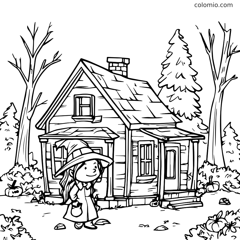 Eine süße Hexe steht vor einem gemütlichen Haus, umgeben von Bäumen und Kürbissen, bereit zum Ausmalen.