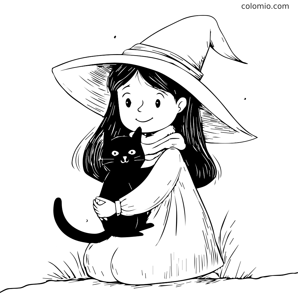 Niedliches Hexenmädchen mit schwarzer Katze Ausmalbild Ein junges Hexenmädchen in einem Hut umarmt eine schwarze Katze, während es auf dem Gras sitzt.