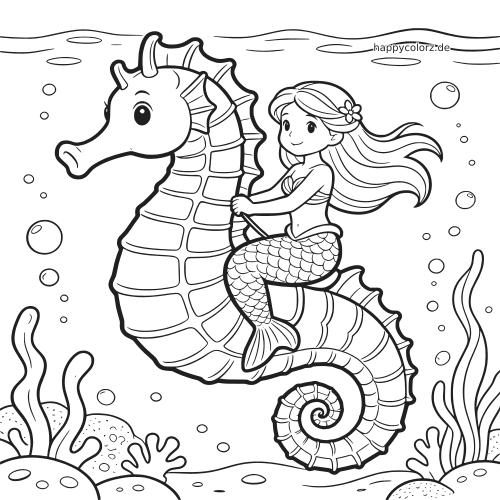 Eine Meerjungfrau mit langen Haaren reitet unter Wasser auf einem großen Seepferdchen, umgeben von Blasen und Wasserpflanzen.