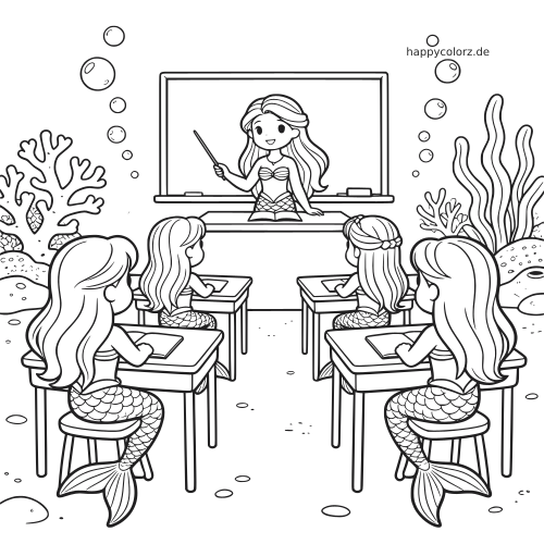 Unterwasser-Klassenzimmer mit einer Meerjungfrauen-Lehrerin an der Tafel und vier Meerjungfrauenkindern an ihren Schreibtischen.
