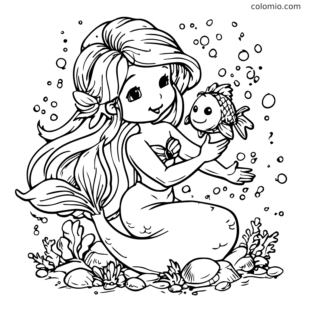 Eine fröhliche Meerjungfrau, die einen Fisch hält, umgeben von Blasen und Unterwasserpflanzen.