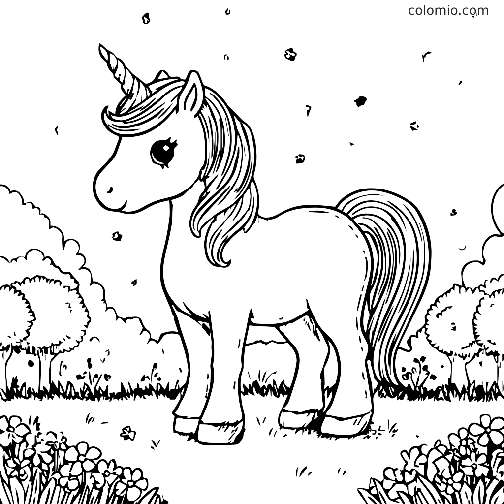 Ein niedliches Einhorn steht auf einer Wiese, umgeben von Blumen und Bäumen, bereit zum Ausmalen.