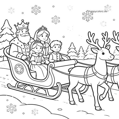 Eine Königsfamilie fährt gemeinsam in einem winterlichen Schlitten, der von Rentieren gezogen wird, mit Schneeflocken und Tannen im Hintergrund.