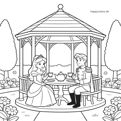 Eine Prinzessin und ein Prinz sitzen an einem Teetisch in einem Gartenpavillon, umgeben von Blumen, Bäumen und einem Weg.