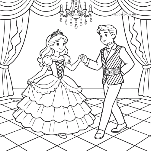 Eine Prinzessin und ein Prinz tanzen auf einem königlichen Ball unter einem Kronleuchter, umrahmt von Vorhängen und Fliesenboden.