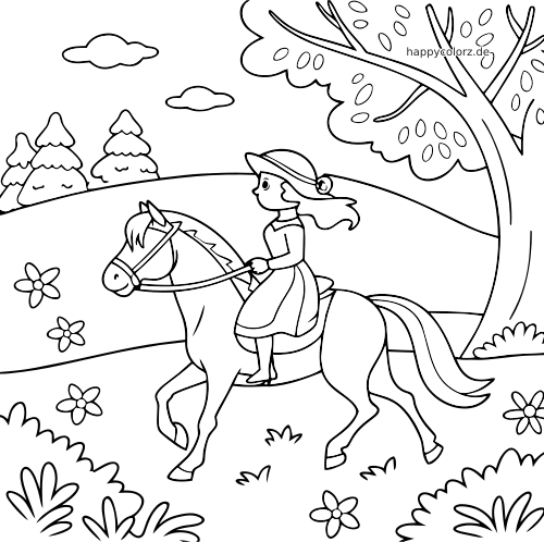 Einfache Linienzeichnung einer Prinzessin mit Hut, die auf einem Pferd durch eine Wiese an einem großen Baum reitet.