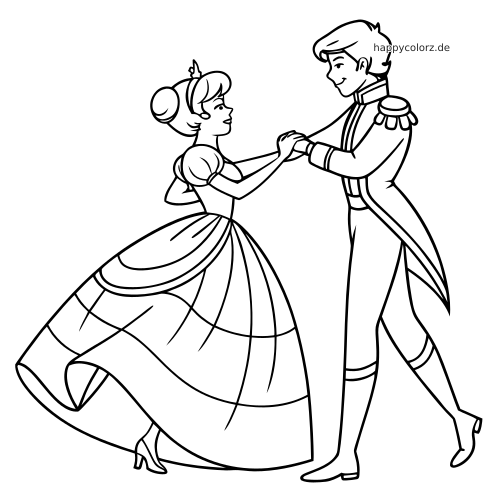 Einfache Strichzeichnung einer Prinzessin und eines Prinzen, die sich an den Händen halten und miteinander tanzen.