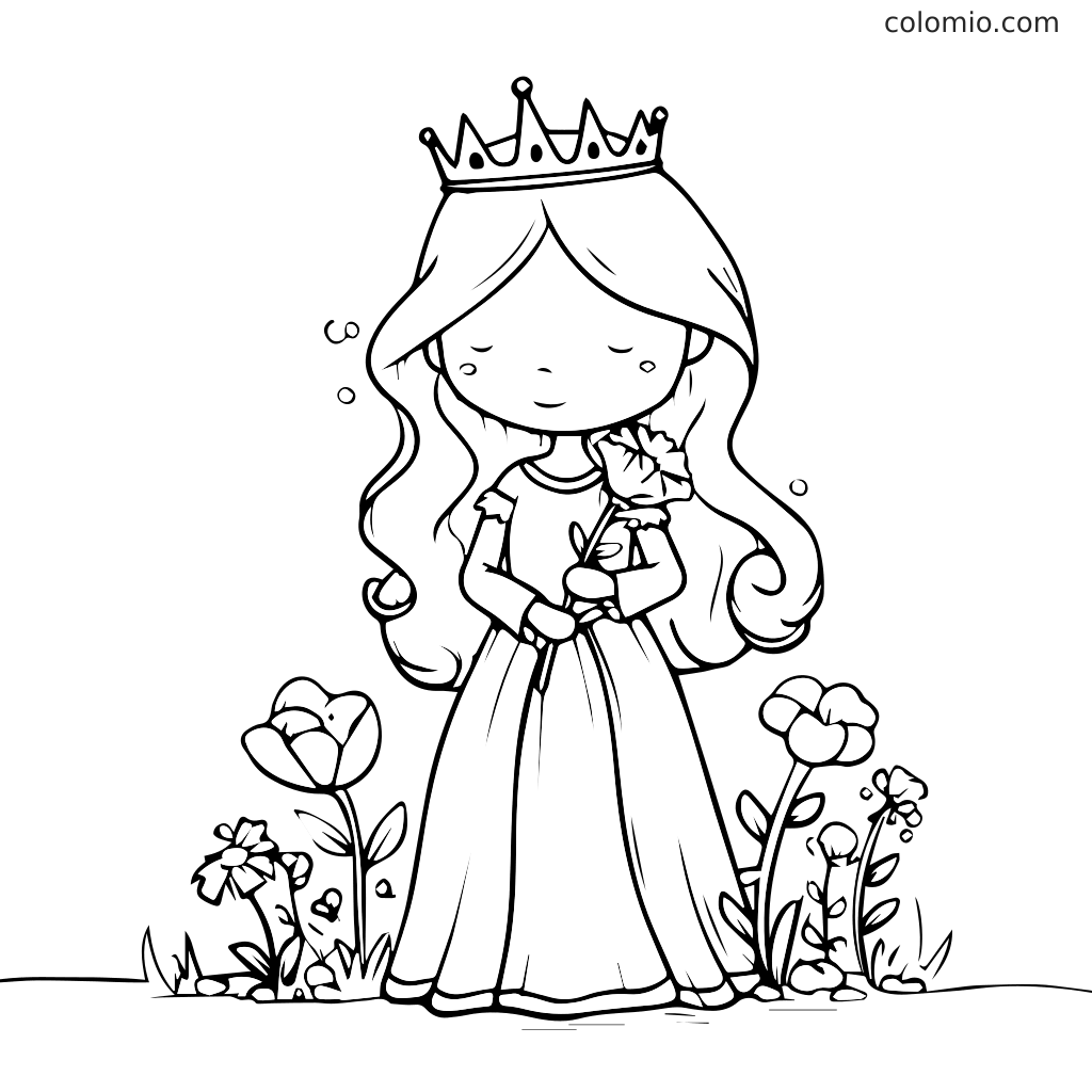 Malvorlage Prinzessin mit einer Blume für Kinder Eine süße Prinzessin mit einer Krone, die eine Blume hält, umgeben von blühenden Blumen.