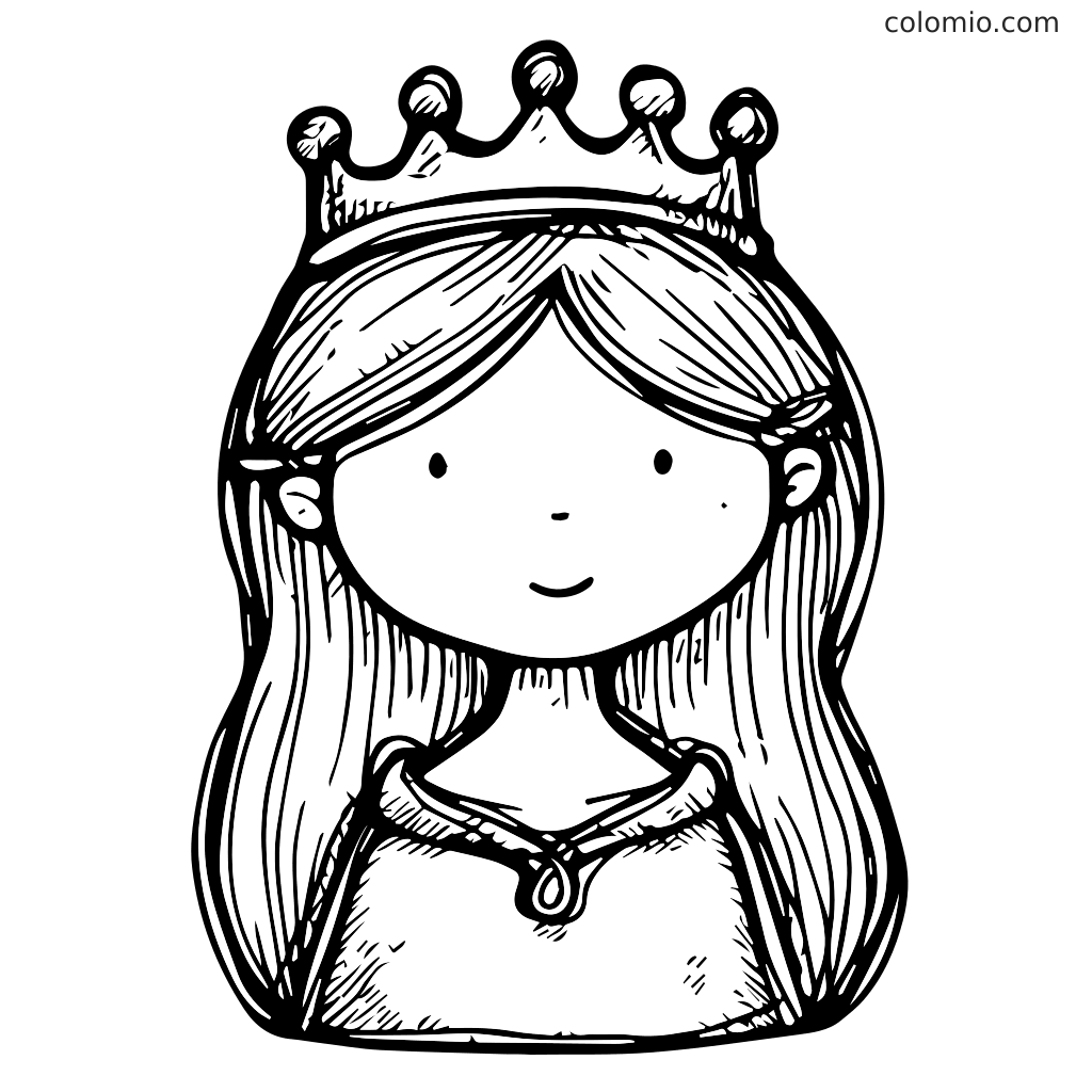 Niedliche Prinzessin Ausmalbild zum Ausdrucken für Kinder Eine Strichzeichnung einer niedlichen Prinzessin mit Krone und langen Haaren, perfekt zum Ausmalen.