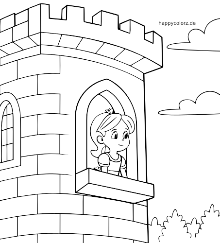 Eine Prinzessin schaut aus einem hohen Fenster eines Burgturms. Zu sehen sind Mauersteine, Wolken und Büsche.