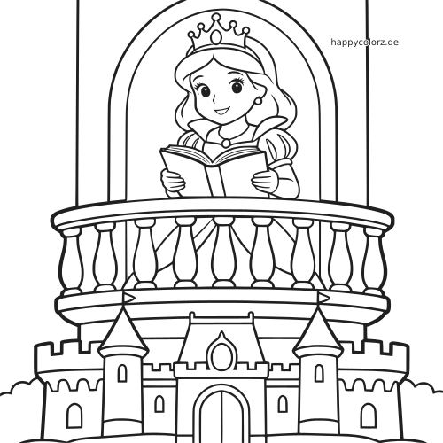 Eine Prinzessin mit Krone steht auf einem Balkon und liest ein Buch, darunter ist ein Schloss in einfacher Linienzeichnung zu sehen.