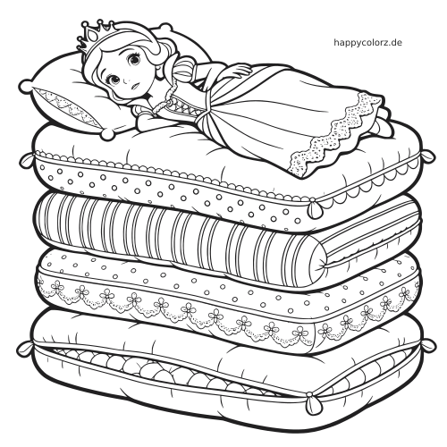 Schwarz-weißes Ausmalbild einer Prinzessin mit Krone, die auf einem hohen Stapel aus Matratzen und Kissen liegt.