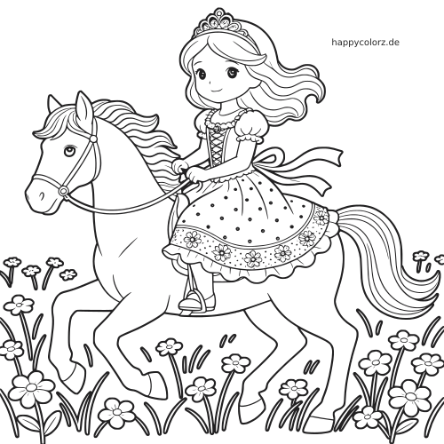 Eine Prinzessin mit Diadem reitet auf einem weißen Pferd durch eine blumenreiche Wiese im einfachen Comicstil.