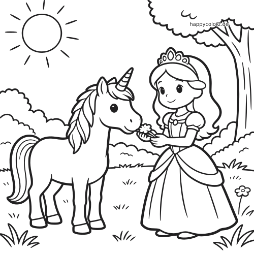 Eine Prinzessin im Kleid füttert ein Einhorn mit einer Blume auf einer sonnigen Wiese mit Baum und einfachen Konturen.