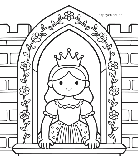 Eine Prinzessin mit Krone steht in einem hohen Burgfenster, das von Blumen und Ranken umrahmt ist.