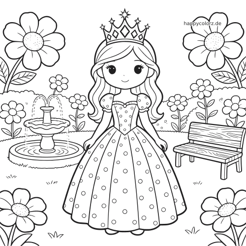 Eine Prinzessin mit Krone steht in einem königlichen Garten mit Blumen, Springbrunnen und Bank im einfachen Comicstil.