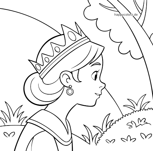 Eine Prinzessin mit Krone ist im Seitenprofil zwischen Bäumen, Gras und Sträuchern in einer einfachen Schwarz-Weiß-Szene zu sehen.