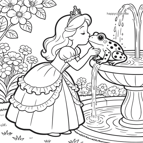 Eine Prinzessin im Kleid küsst einen gefleckten Frosch am Brunnen, umgeben von Blumen in einem einfachen Comicstil.