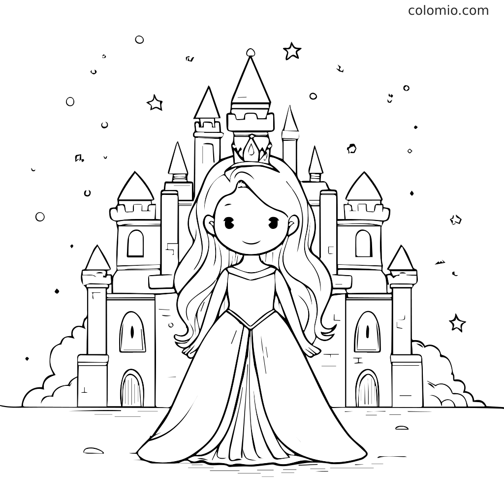 Eine süße Prinzessin steht vor einem Schloss, umgeben von Sternen, bereit zum Ausmalen.