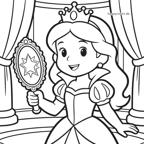 Eine Prinzessin mit Krone steht in ihrem Gemach und hält einen verzierten Zauberspiegel in der Hand, mit Vorhängen im Hintergrund.