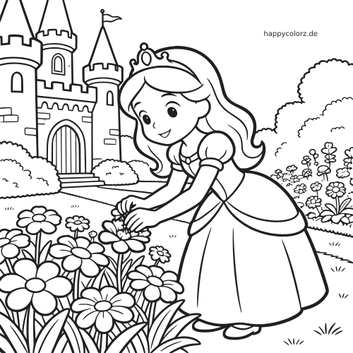 Eine lächelnde Prinzessin pflückt Blumen im Schlossgarten, vor einem Schloss mit Türmen, Büschen und vielen Blüten.