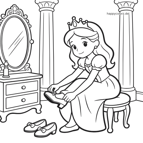 Eine Prinzessin sitzt im Ankleidezimmer des Palasts, zieht einen Schuh an und neben ihr stehen ein Spiegel und ein weiteres Paar Schuhe.