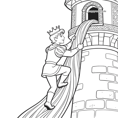 Ein Prinz mit Krone klettert an Rapunzels langem Haar an einem hohen Turm mit offenem Fenster nach oben.