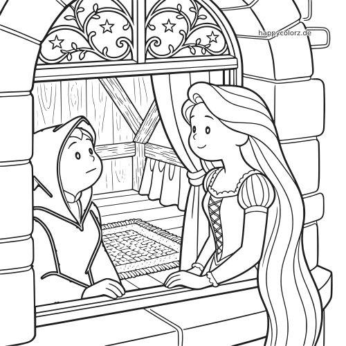 Rapunzel steht am Fenster eines Turms und spricht mit einer verhüllten Hexe in einer einfachen Märchenszene.