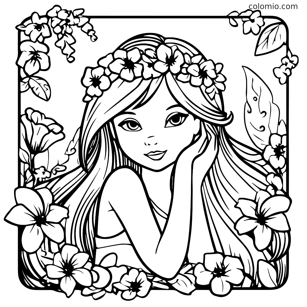 Eine Zeichnung von Rapunzel mit langen Haaren und einem Blumenkranz, umgeben von verschiedenen Blumen.