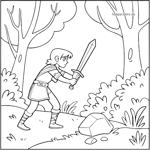 Ein junger Held im Comicstil steht im Wald mit einem Schwert in der Hand, umgeben von Bäumen, Büschen und einem Stein.