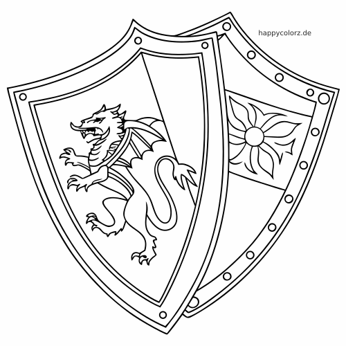 Zwei überlappende Wappenschilde sind zu sehen, vorne mit einem Drachen und dahinter mit einem einfachen Blumenemblem.