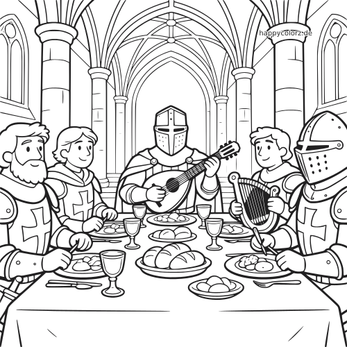 Schwarz-weißes Ausmalbild mit Rittern an einer Tafel in einer großen Halle, während einer Laute spielt und ein anderer eine Harfe hält.