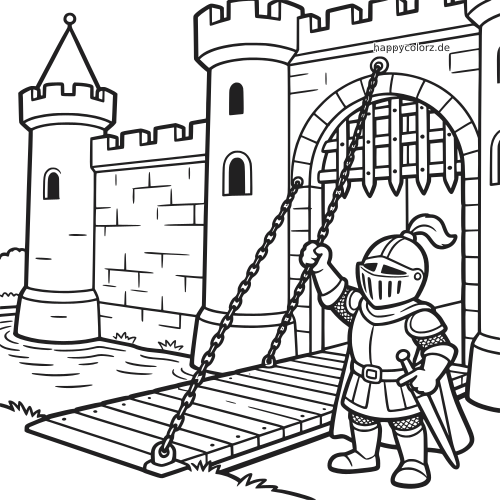 Ein Ritter in Rüstung hebt vor dem Burgtor die Zugbrücke an. Zu sehen sind hohe Türme, Ketten und ein Holzsteg über dem Wassergraben.
