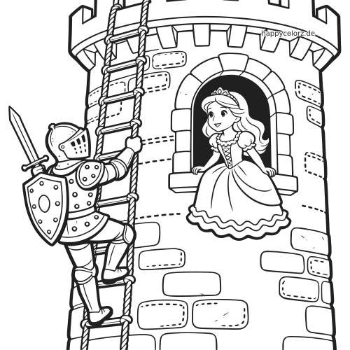 Ein Ritter klettert mit Schwert und Schild eine Strickleiter an einem Steinturm hinauf, während eine Prinzessin am Fenster wartet.